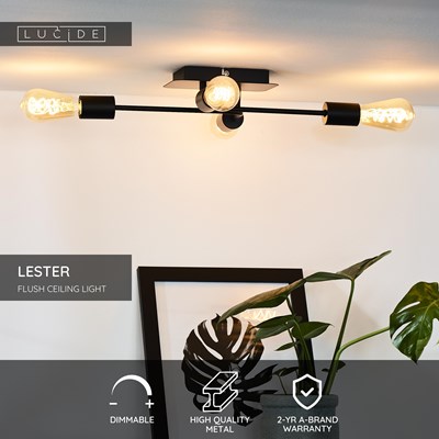 Lucide LESTER - Flush ceiling light - 4xE27 - Black